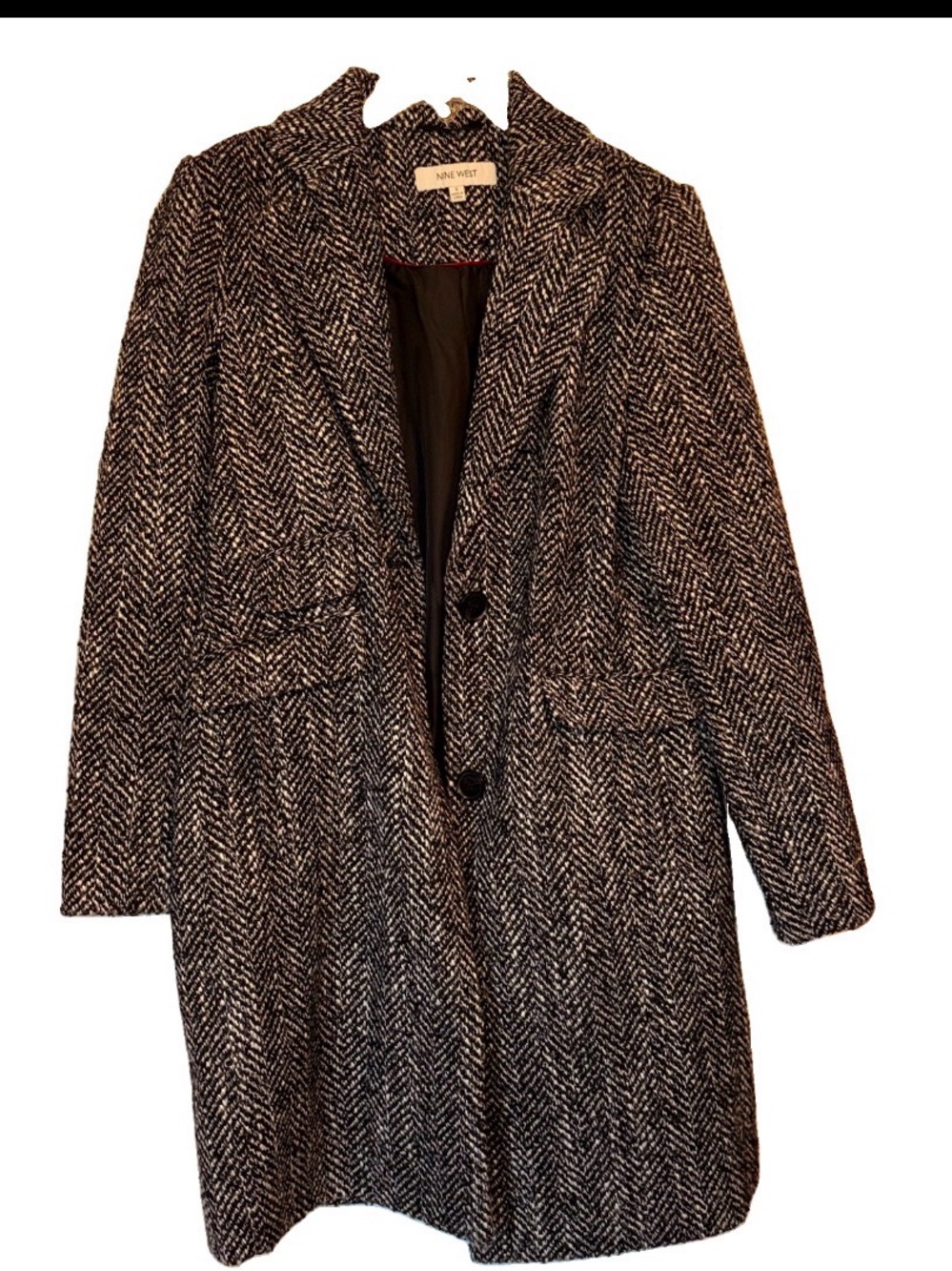 Nine West Black & White Herringbone Longline Trench Coat